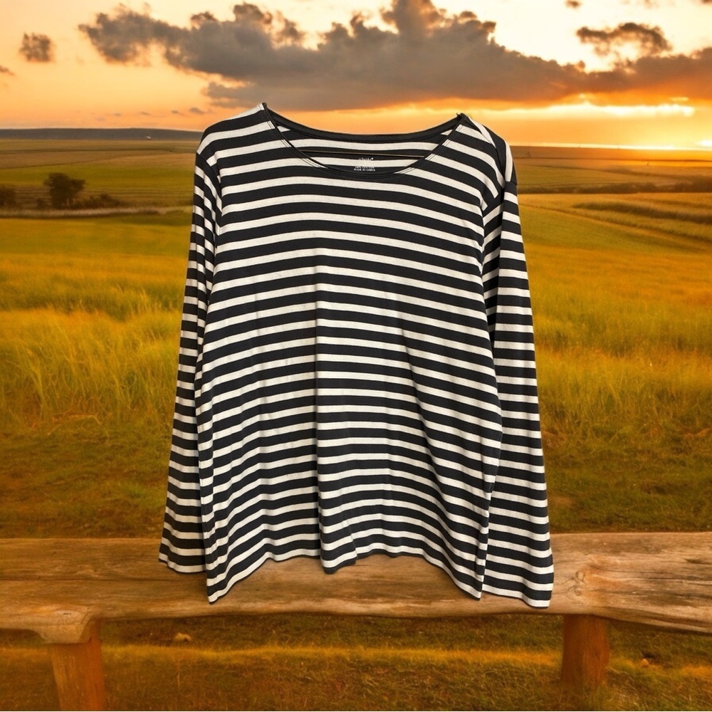 CJ Banks 100% cotton stripe faded navy white long sleeve T-shirt size X
